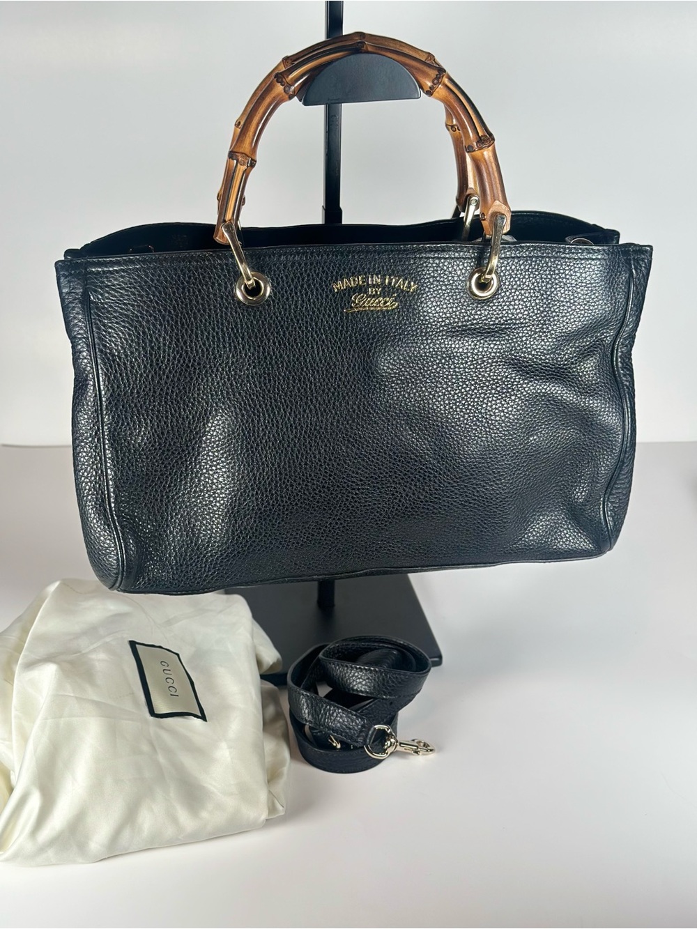 Authentic Gucci Black Leather Shoulder Bag with Bamboo Handles - Picture 1 of 16